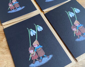 Paquete de 4 tarjetas A6 de recolección de campanillas de invierno, elfos, duendes