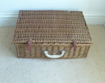 Vintage 1950's Rectangular Empty "Sirram" Wicker Picnic Hamper Basket