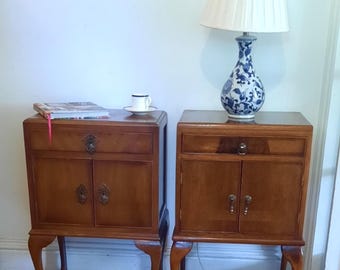 Matched Pair Antique Burr Walnut Regency Style Bedside Tables 1930s Queen Anne