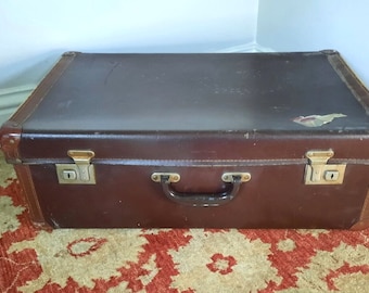 Large Vintage St. Michael Impressed Leather Suitcase.