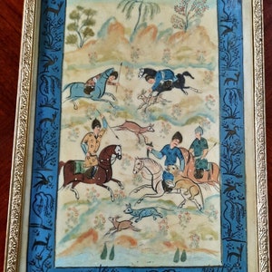 Antique Persian Original Oil On Tile Painting Hunting Scene on Horseback
