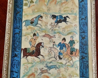 Antique Persian Original Oil On Tile Painting Hunting Scene on Horseback