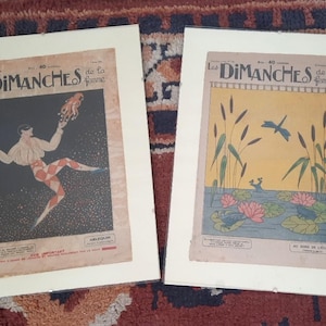 May include: Two vintage magazine covers with the title "Les Dimanches de la Femme" in French. The first cover features a black and white illustration of a person in a jester costume with a star-like background. The second cover features a colorful illustration of a pond with reeds, lily pads, and a dragonfly.