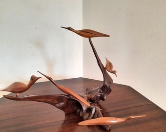 Vintage Carved Wooden Birds Table Top Ornament Art Display
