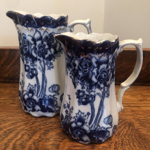 Vintage Pair of Art Nouveau Ironstone Flow Blue & Gilt Jugs Pitchers