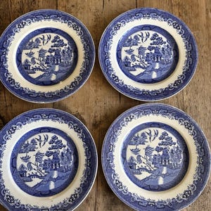 4 x Vintage Barratts Blue Willow Talerze obiadowe 10” 25,5 cm Niebiesko-białe