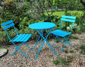 Eden Blue Outdoor Garden Patio Folding Table & Two Chairs Bistro