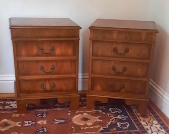 Vintage Pair Three Drawer Reproduction Burr Yew bedside Tables