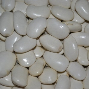 Może przedstawiać: Zbliżenie na stos białych fasoli. Fasole są gładkie i owalne.