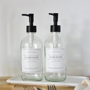 Set of 2 - 16oz CLEAR Glass Bottles Dish Soap + Hand Soap, SIGNATURE Style Waterproof Label, PREMIUM Pumps, Refillable Soap Dispensers