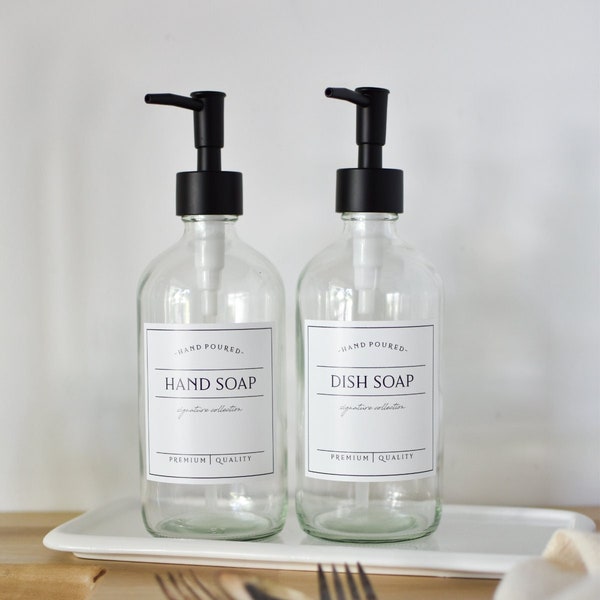 Set of 2 - 16oz CLEAR Glass Bottles Dish Soap + Hand Soap, SIGNATURE Style Waterproof Label, PREMIUM Pumps, Refillable Soap Dispensers