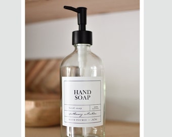 16oz CLEAR Glass Bottle, Hand Soap, Lotion, Hand Lotion, APOTHECARY Style Waterproof Label, PREMIUM Pump, Refillable Dispenser
