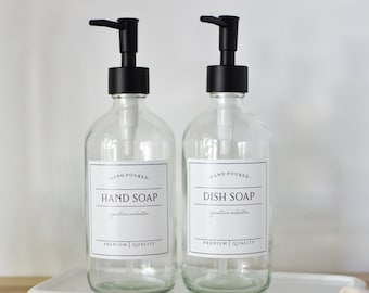 Set of 2 - 16oz CLEAR Glass Bottles Dish Soap + Hand Soap, SIGNATURE Style Waterproof Label, PREMIUM Pumps, Refillable Soap Dispensers