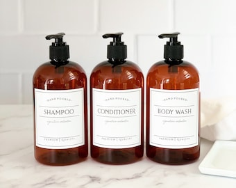 AMBER, Set of 3 - 16oz PLASTIC Shampoo, Conditioner, Body Wash Bottles - Amber Bottles with Waterproof Labels, Refillable Shower Bottles