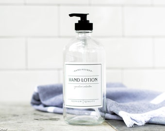 16oz CLEAR Glass Bottle - Choose Your Label Title - Choose Your Pump - Waterproof Label -Refillable Dispenser, SIGNATURE Style Label