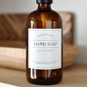 16oz AMBER Glass Hand Soap, SIGNATURE Style Waterproof Label, PREMIUM Pump, Refillable Soap Dispenser zdjęcie 3