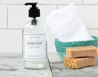 Small 8oz CLEAR Glass Soap and Lotion Bottle - Waterproof Label - Refillable Glass Soap Dispenser - Choose Your Label TITLE and STYLE