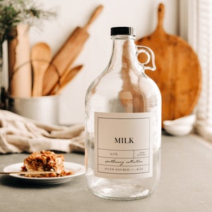 CLEAR Glass 1/2 Gallon Beverage Jug - APOTHECARY Style, Refillable Glass Jug with Waterproof Label - Half Gallon - Milk - Juice - Water