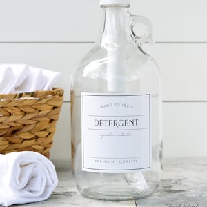 CLEAR Glass 1/2 Gallon Detergent Jug - SIGNATURE Style Waterproof Label - Half Gallon Growler, Refillable Laundry Jug