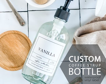 PERSONALIZED Coffee Syrup Bottle - 8oz or 16oz Bottle - Customize the Label - Refillable Glass Bottles w Waterproof Label - APOTHECARY Style