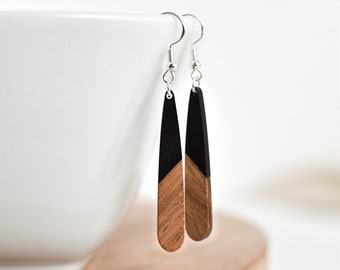 Matte Black Resin and Wood Dangle Earrings - Long Teardrop - Sterling Silver Ear Wires - Boho Style - Lightweight Dangle Earrings