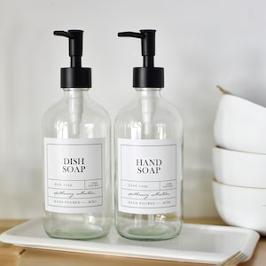 Set of 2- 16oz CLEAR Glass Bottles Dish Soap + Hand Soap, APOTHECARY Style Waterproof Labels, PREMIUM Pumps, Refillable Dispensers