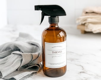 16oz AMBER Glass - Thieves Spray Bottle - All-Natural Cleaner Spray Bottle - Refillable Bottle With Waterproof Labels, SIGNATURE Style