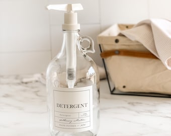 May include: A clear glass bottle with a white pump dispenser and a label that reads "DETERGENT" with the text "detergent", "100% NATURAL", "apothecary collection", and "HAND POURED - NYC".