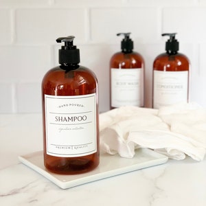 AMBER - 16oz PLASTIC Shampoo Bottle - Amber Soap Bottle With Waterproof Labels, Refillable Shower Bottles
