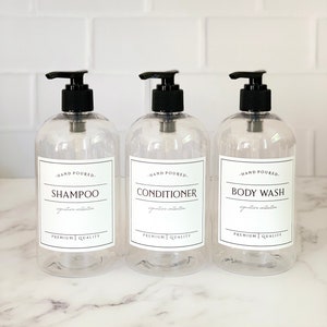 CLEAR - Set of 3 - 16oz PLASTIC Shampoo, Conditioner, Body Wash Bottles - Clear Bottles With Waterproof Labels, Refillable Shower Bottles