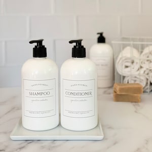 16oz PLASTIC Soap Bottles with Waterproof Label, Shower Bottles, Refillable Dispenser - Pick Your Bottle Color & Label Title