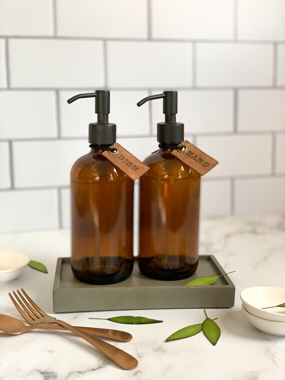 Set Of 2 Glass Dish And Hand Soap Dispensers With Leather Etsy