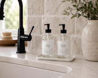 Set of 2- 16oz CLEAR Glass Bottles Dish Soap + Hand Soap, APOTHECARY Style Waterproof Labels, PREMIUM Pumps, Refillable Dispensers