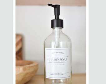 16oz CLEAR Glass Hand Soap, SIGNATURE Style Waterproof Label, PREMIUM pump, Refillable Dispenser