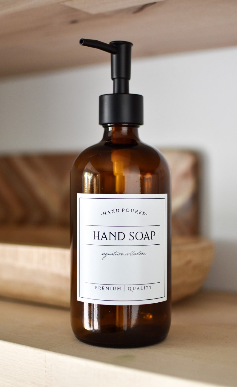 16oz AMBER Glass Hand Soap, SIGNATURE Style Waterproof Label, PREMIUM Pump, Refillable Soap Dispenser zdjęcie 3