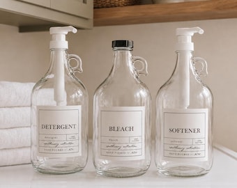 Set of 3, CLEAR 1/2 Gallon Jugs - Detergent, Softener + Bleach - APOTHECARY Style Waterproof Labels - Refillable Half Gallon Growlers