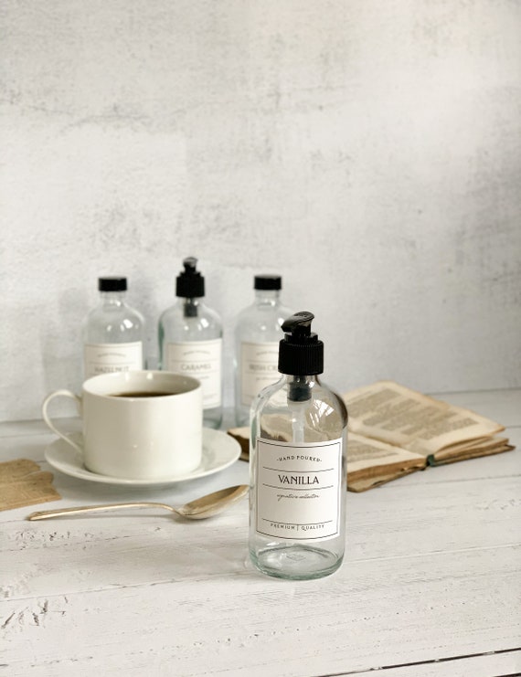 SIGNATURE Coffee Syrup Bottles - 8oz Bottle - Refillable Glass Syrup Bottles with Waterproof Label - Coffee Flavor Bottles