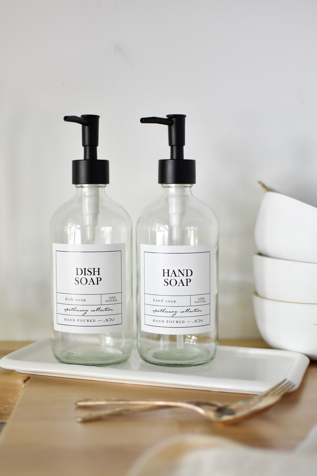 Set of 2 16oz CLEAR Glass Bottles Dish Soap Hand Soap, APOTHECARY Style