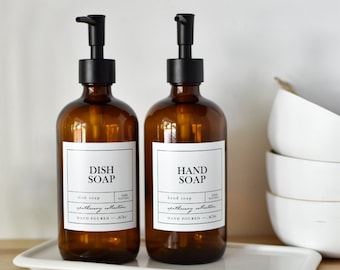 Set of 2 - 16oz AMBER Glass bottles, Dish Soap + Hand Soap, APOTHECARY Style Waterproof Labels, PREMIUM pumps, Refillable Dispensers
