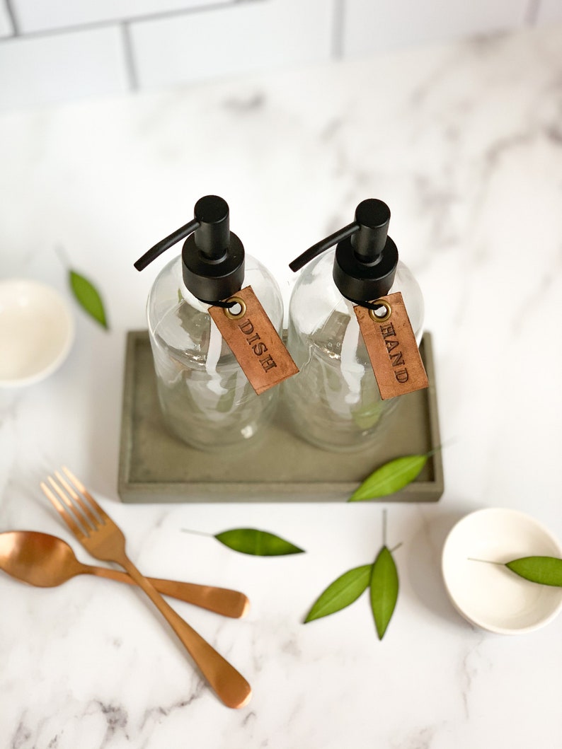 Set Of 2 Glass Dish and Hand Soap Dispensers with Leather Etsy