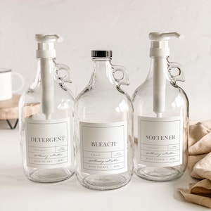 Set of 3, CLEAR 1/2 Gallon Jugs - Detergent, Softener + Bleach - APOTHECARY Style Waterproof Labels - Refillable Half Gallon Growlers