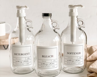 Set of 3, CLEAR 1/2 Gallon Jugs - Detergent, Softener + Bleach - APOTHECARY Style Waterproof Labels - Refillable Half Gallon Growlers