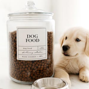 May include: A clear glass jar labeled "DOG FOOD" filled with brown kibble, next to a stainless steel dog bowl. A golden retriever puppy is lying down nearby. The jar has a lid and a white label with black text.