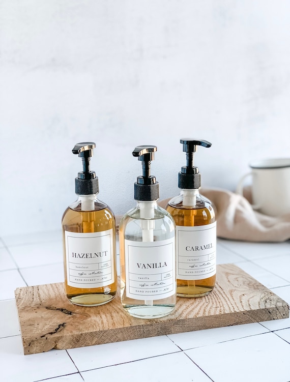 Set of 3 - APOTHECARY Coffee Syrup Bottles - Vanilla, Caramel, Hazelnut, Refillable Glass Syrup Bottles with Waterproof Label