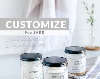 CUSTOM 9oz Jar - Customize the label - Custom Spice Jars - Bathroom Accessories,  Body Scrub Jars - 9oz Clear Glass Jars