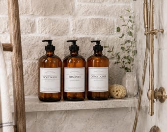 Set of 3 - Shampoo, Conditioner, Body Wash Bottles - 16oz Amber Glass Bottle - Choose Your Label Style - Choose Your Pump - Waterproof Label