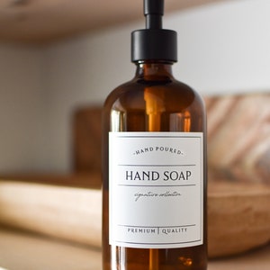 16oz AMBER Glass Hand Soap, SIGNATURE Style Waterproof Label, PREMIUM Pump, Refillable Soap Dispenser zdjęcie 2