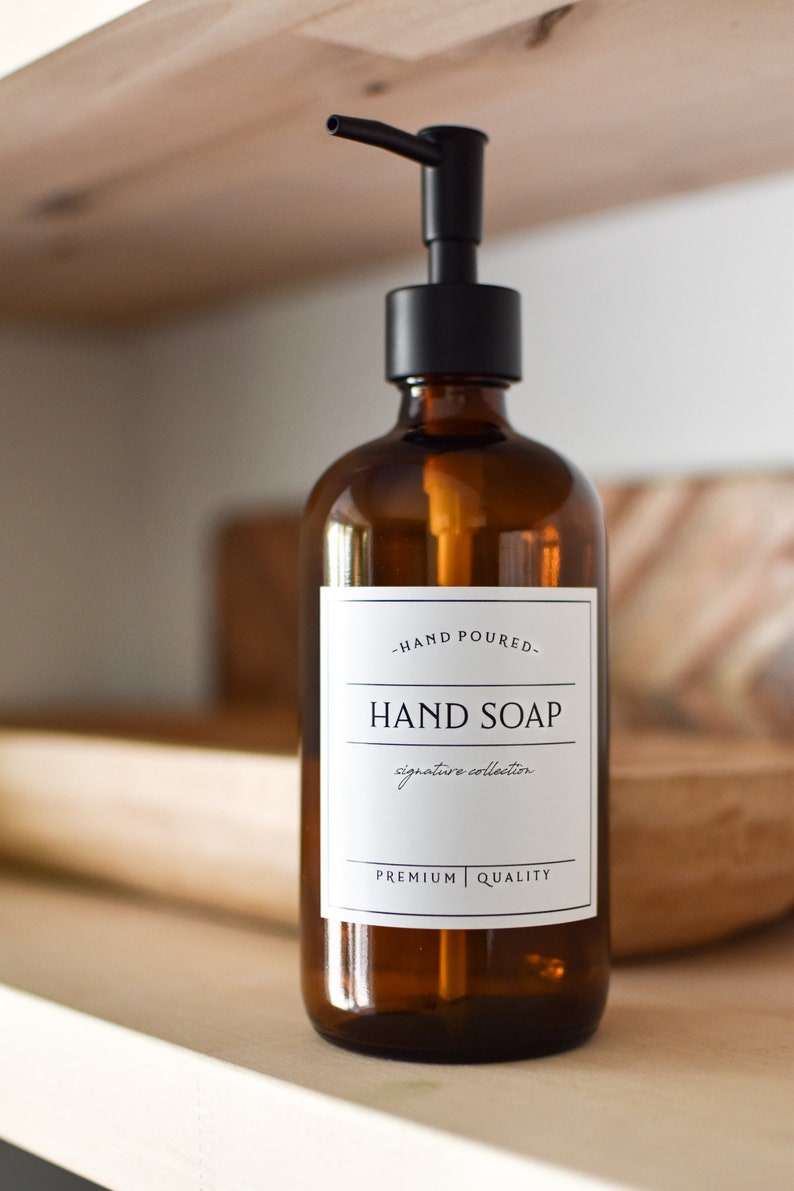 16oz AMBER Glass Hand Soap, SIGNATURE Style Waterproof Label, PREMIUM Pump, Refillable Soap Dispenser zdjęcie 2