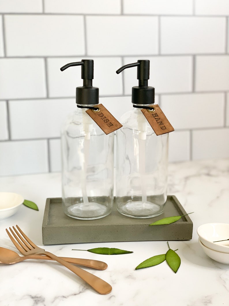 Set Of 2 Glass Dish and Hand Soap Dispensers with Leather Etsy