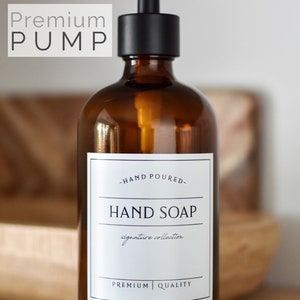 16oz AMBER Glass Hand Soap, SIGNATURE Style Waterproof Label, PREMIUM Pump, Refillable Soap Dispenser zdjęcie 4